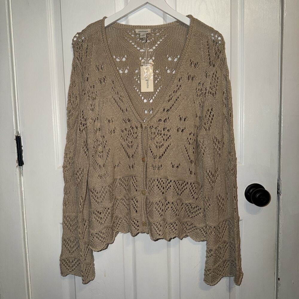 NEW Sundance Catalog‎ Button Front Crochet Beige Sweater Boho L Cottage Knit